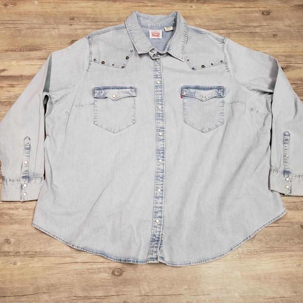 Levi's Shirt Womens 4X Denim Western Rhinestone Studded Snap Front Long Sleeve